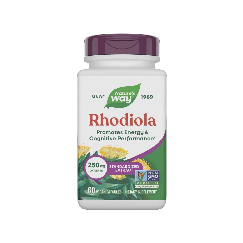 Nature 's Way Rhodiola Premium Extract, 250 mg per service, Support Energy & Cognitive Performance *, Adaptogenic Herb *, Non-GMO Project Verified, Vegan, Gluten Free, 60 Capsules (Packaging May Vary)