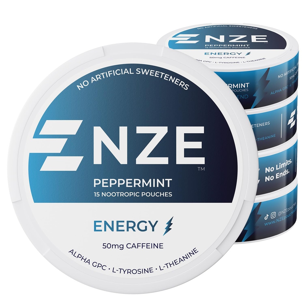 NZE Caffeine Nootropic Pouches (Peppermint) - Pouches Energi dengan 50mg Caffeine, Alpha GPC, L-Tyrosine & L- Theanine dengan No Sugar atau Manisticial Sweeteners - 15 Nicotin Free Pouches Per Can - 5 Pack