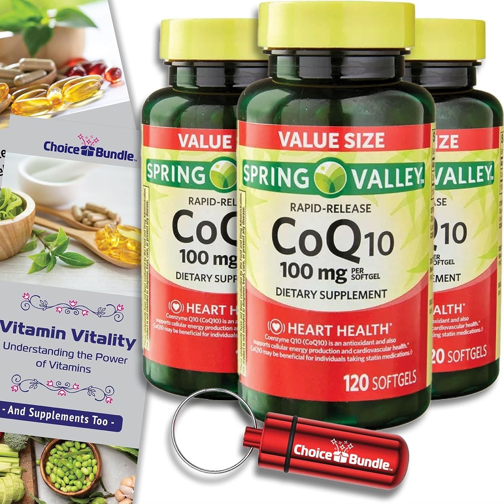 Choice Bundle Spring Valley Rapid- Rapid- Rapid- RapidCoQ10 Koenzim Q10 Mg Softgels 120 CT 3 pk (360 Total) + Vitamin Guide & Pil (5 Item)!