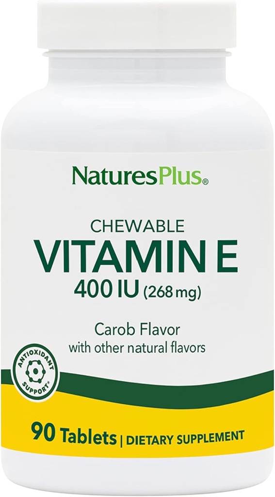 NaturesPlus Vitamin E Chewable - 400 iu, 90 tablet Vegetarian - Natural Carob Flavor - Sehat Cardiovascular Fungsi, Free- Radical Defense & Overall Wellsing - Gluten- Free - 90