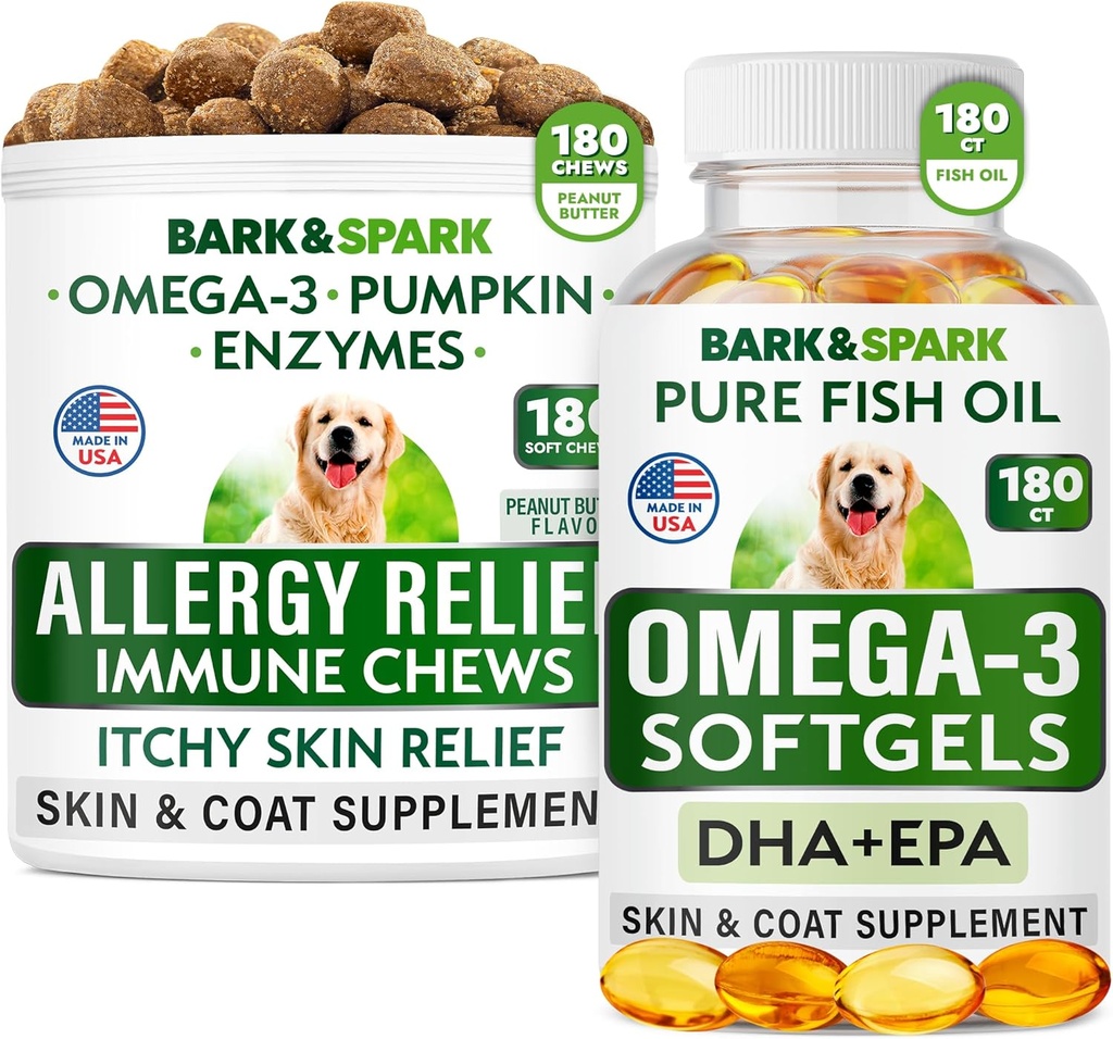 Relief Allergy + Omega 3 Bundle - Anti- Itch Skin & Coat Suplement + Skin Allergy - Omega 3 Fish Oil + EPA & DHA Fatty Acids - Itching & Paw Licking + Joint Health - 180 Chews + 180 Softgels - Dibuat di USA