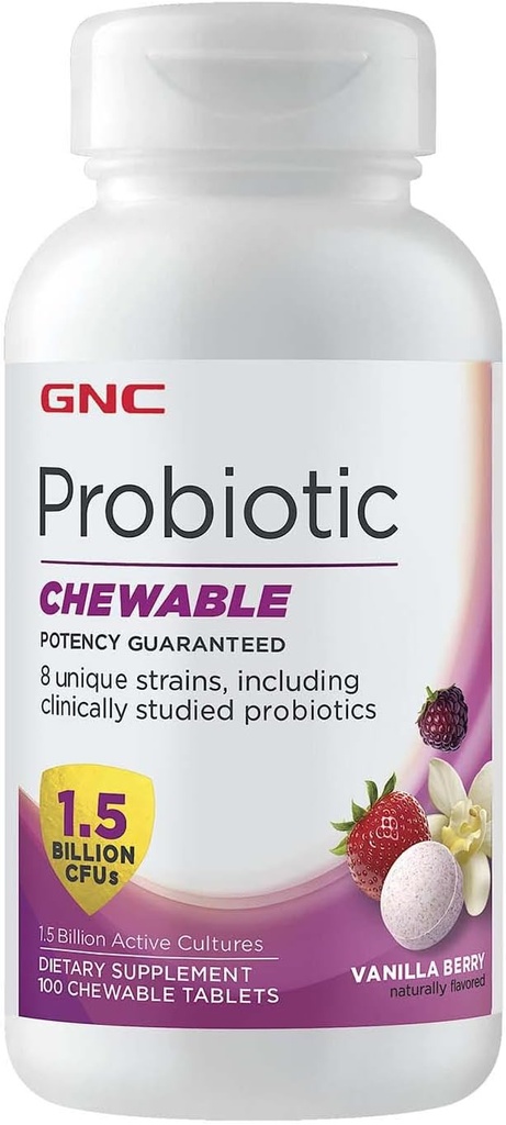 GNC Probiotic Chewable with 1.5 billion CFUs - Vanilla Berry, 100 Tablet, Daily Probiotic Dukung