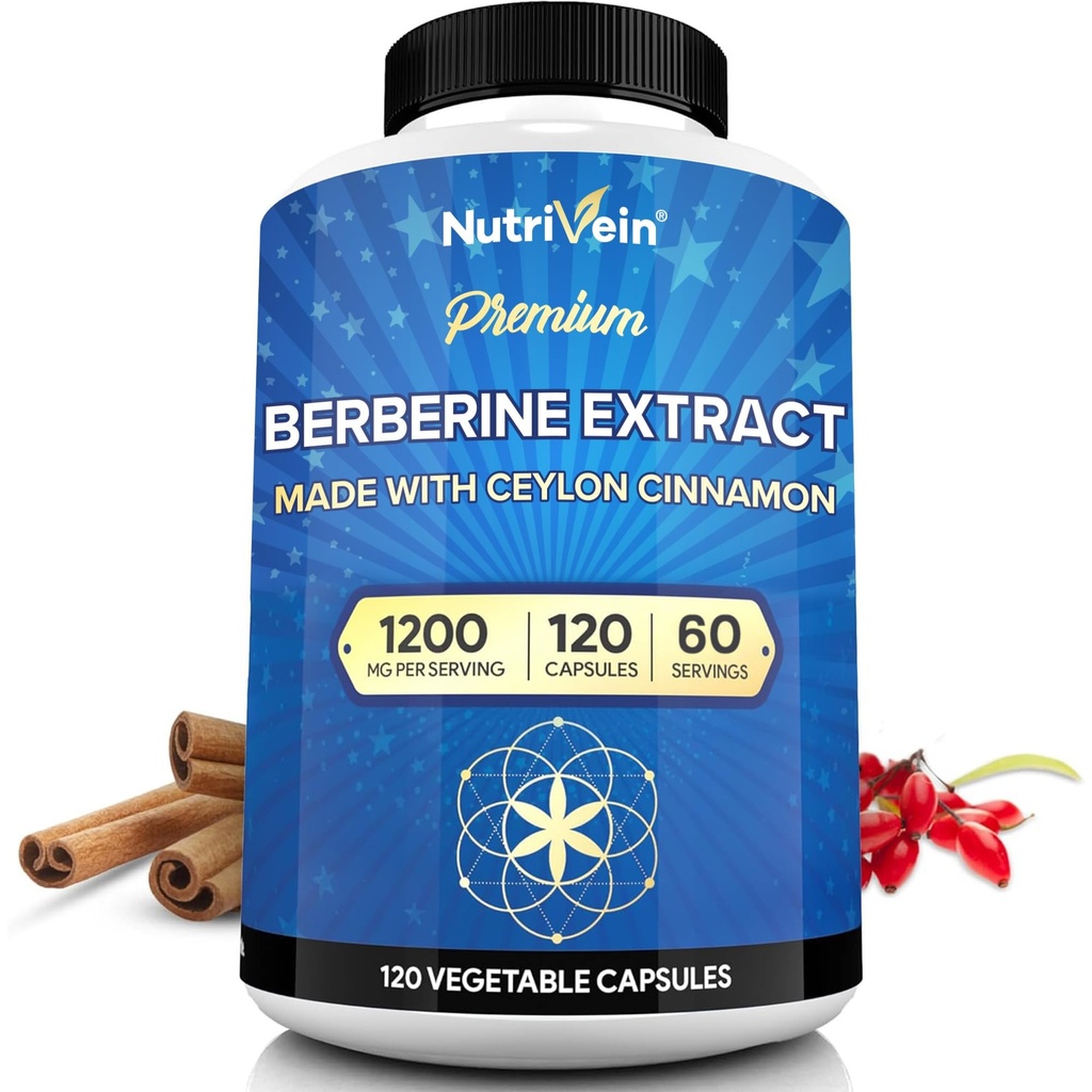 Nutrivein Premium Berberine HCL 1200 mg dengan Cinnamon Ceylon - 120 Capsules: Suplemen Absorpsi Berberine Defesives, Diathable, & Metabolisme