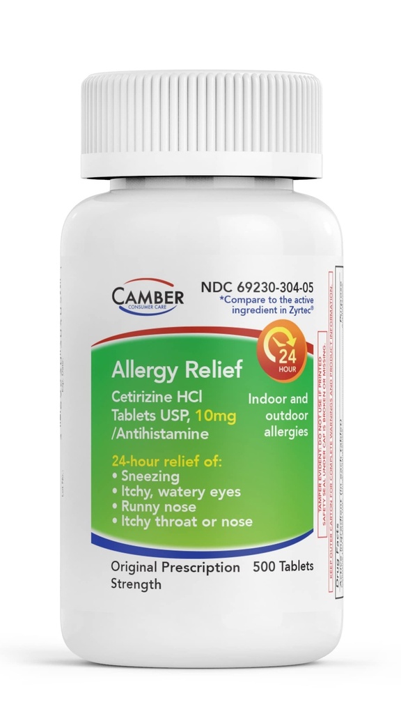 CAMBER PHARMACEUTALS, INC Cetirizine HCI Tablet, Relief Allergy 24- Hour Allergy Medication - 500 Count