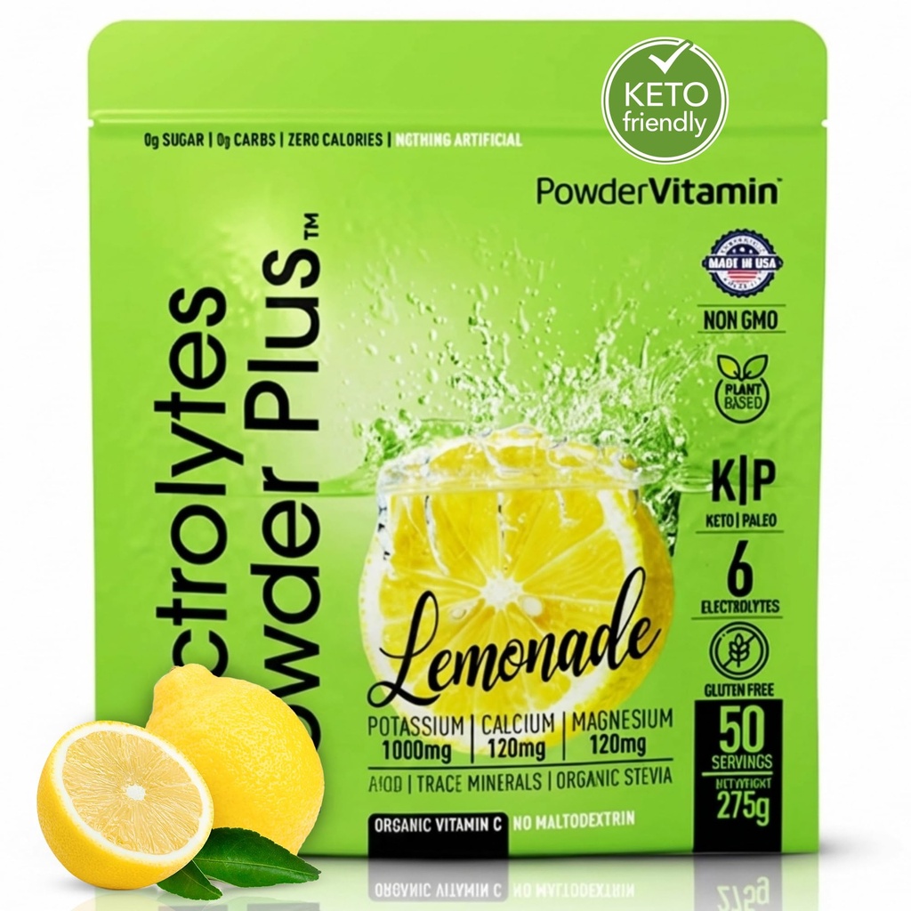 Electrolytes Powder Plus (50 Pelayan), 0 Calorie Keto, 0 Sugar, No Maltodextrin, 1000mg Potasium, 120 mg Calcium, 120 mg Magnesium, Hidration Powder (50 Culders, Lemonade)