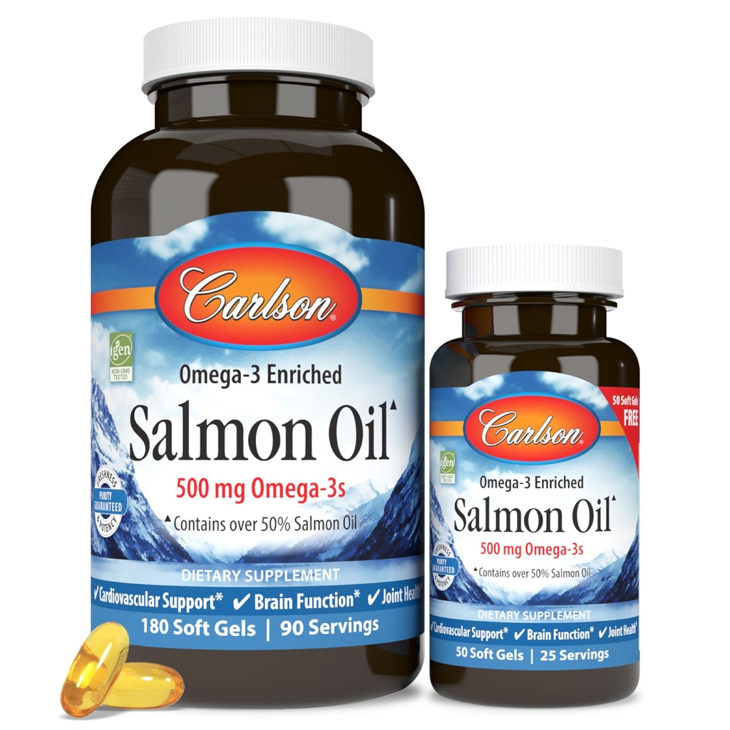 Carlson - Norwegia Salmon Oil, 500 mg Omega- 3 s, Norwegia Salmon Oil Suplemen, Wild Caught Omega 3 Salmon Oil Capsules, Sumpable Sourinced, Brain, Heart & Joint Health, 180 + 50 Softgels