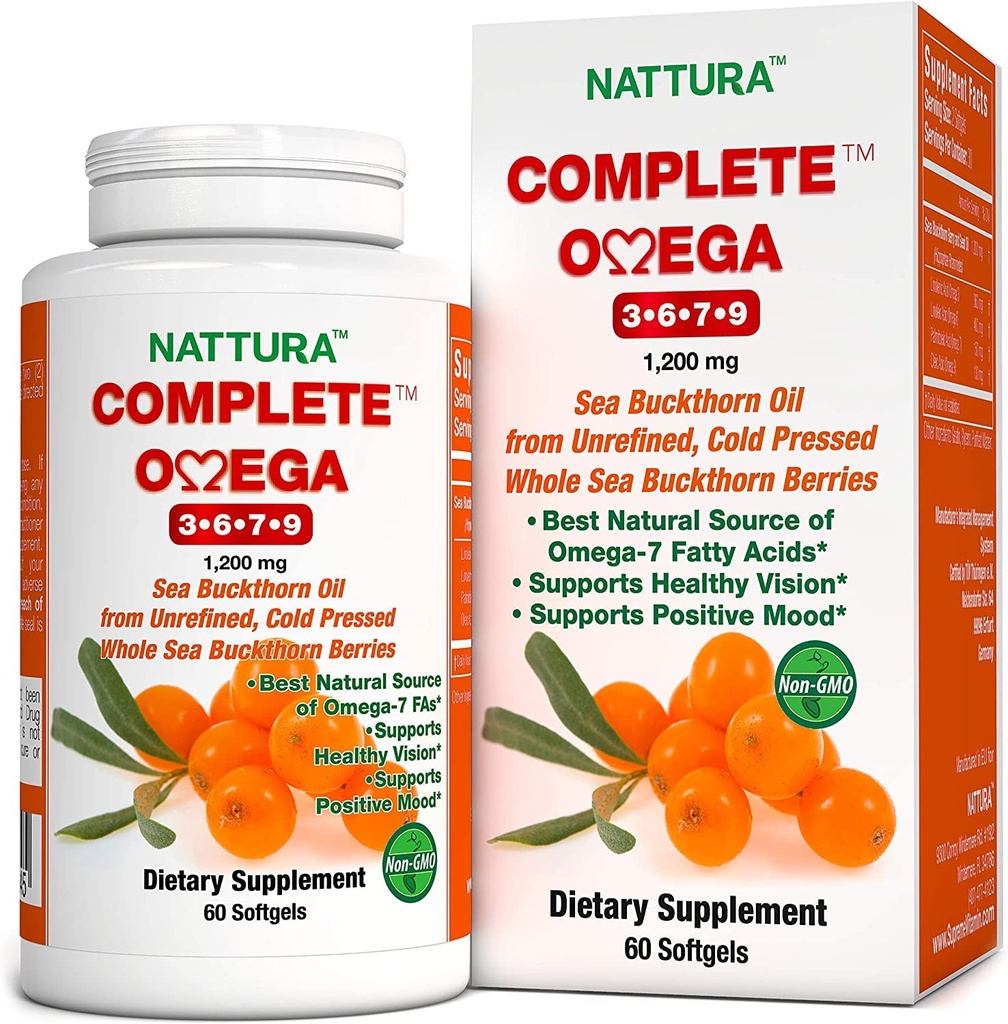 Nattura Lengkap Omega 3-6-7- 9, Laut Murni Buckthorn Oil, Eropa Kualitas, dari Unfure, Cold Menekan Seluruh Laut Buckthorn Wild Berries - Non-GMO, Disertifikasi Kosher, Gluten- 1 Botol Bebas - 60 Capsules