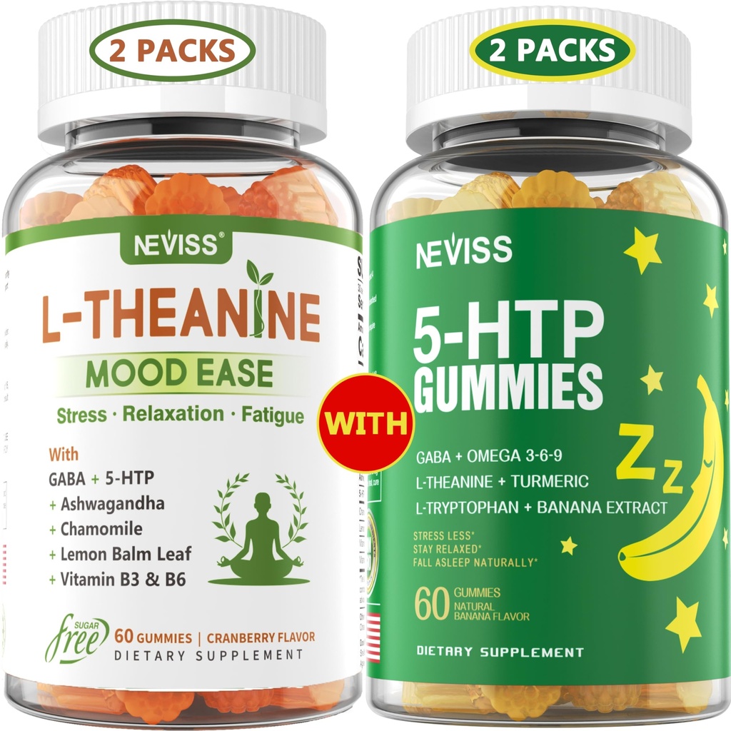 NEVISS Sugar Free L- Theanine Calm Gummies 120 Counts + Sugar Free 5- HTP Gummies 120 Counts