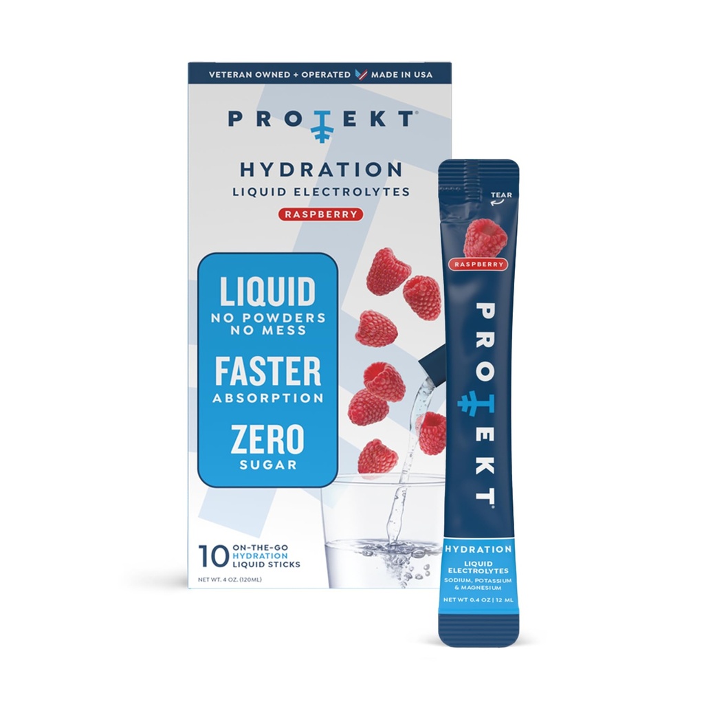 ProTEKT Electrolyte Packet for Recovery & Hidration 126; Organic & Sugaric & Sugarytes Free Electroltes Shots 124; Works faster than Powder Drink 124; On- TheGo Liquid Hydration Drink 124; Raspberry, 10 Pack