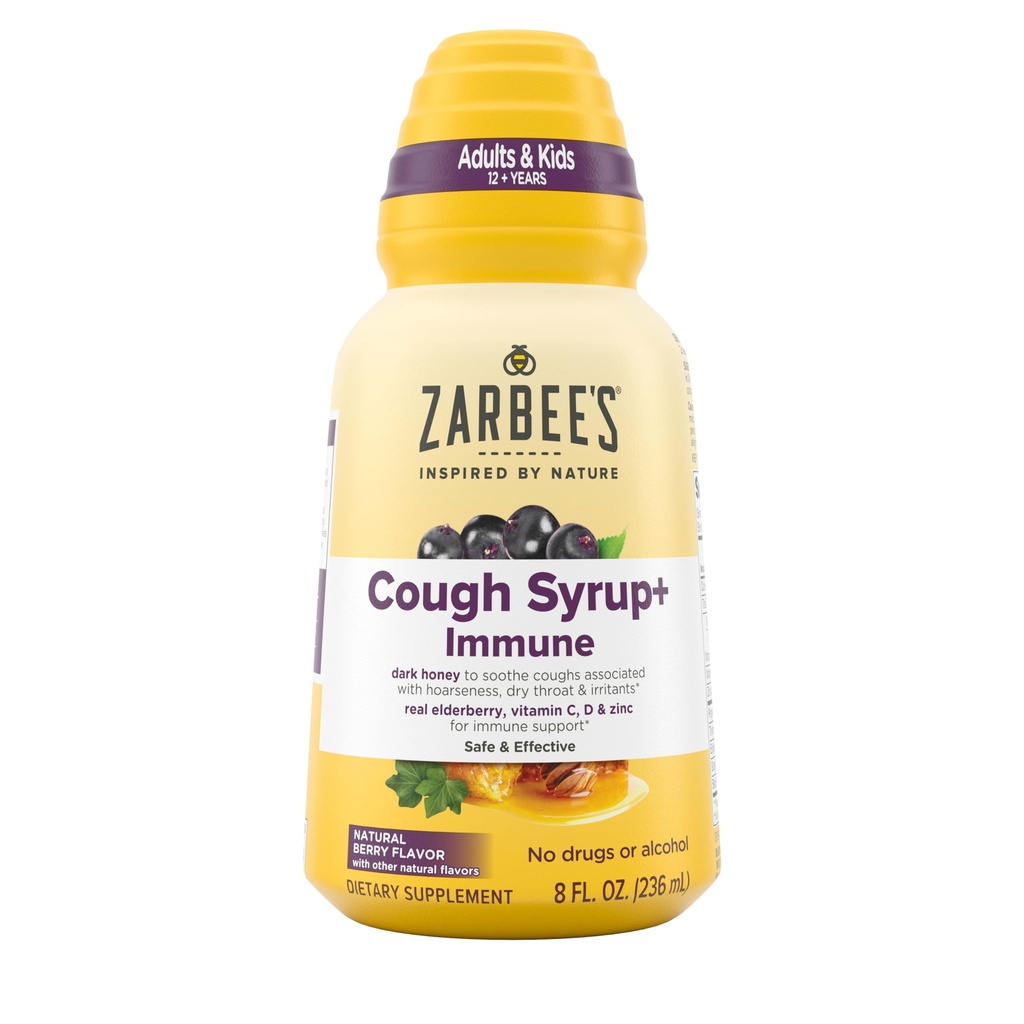 Zarbee 's Complete Daytime Cough Syrup + Immune with Dark Honey, Real Elderberry, Vitamin C, D & Zinc, 8 oz Bottle