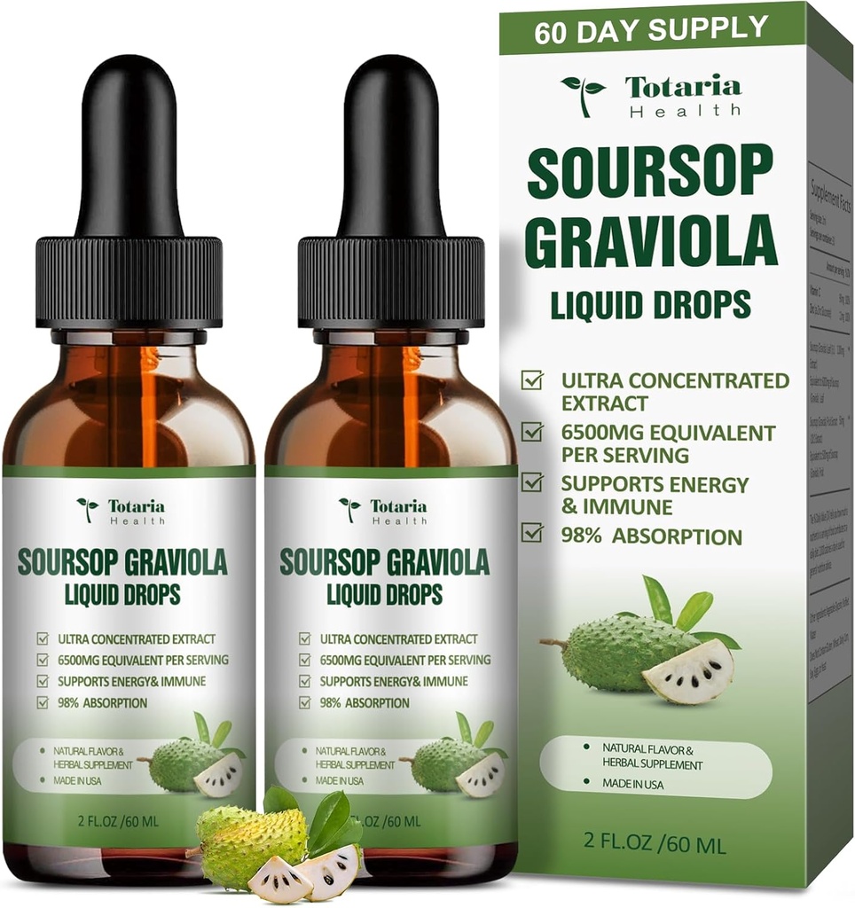 (2 Pals) Pure Soursop Graviola Liquid Support Digetical Skin Health, Sleep & Antioksidant - Guanabana Oil Organic Leaf Exact Soursop Bitters Drops, Natural Flavor, Non-GMO, Vegan, 4 Fl Oz