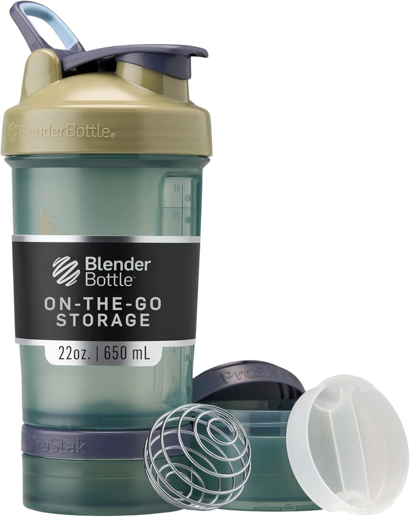BlenderBottle Shaker Bottle dengan Pill Organizer dan Penyimpanan untuk Powder Protein, Sistem ProStok V2 Klasik, 22-Ounce, Tan