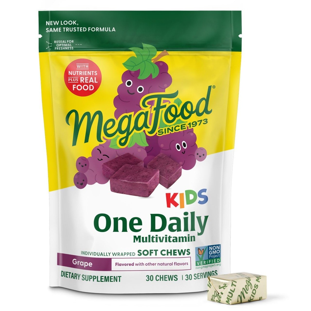 MegaFood Kids One Daily Multivitamin Soft Chews - Kids Vitamin B, Vitamin C, Vitamin D & Vitamin E - Age 4 +, Vegetarian, Made Without 9 Food Allergens - Grape Flavor - 30 Chews