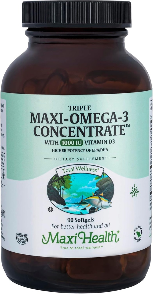 Maxi Health Triple Omega- 3 konsentrasi - Fish Oil - "1000 IU" Vitamin D3-90 Capsules - Kosher