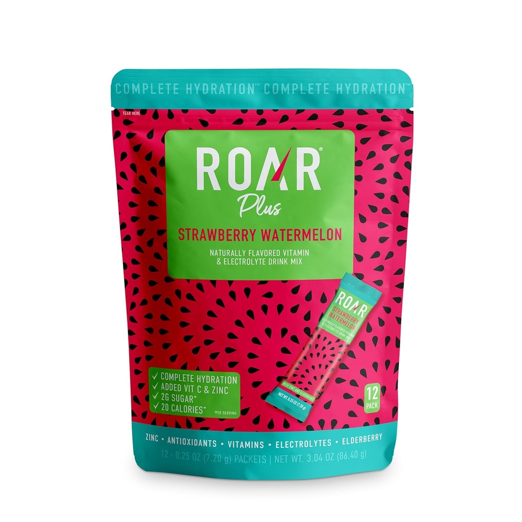 Roar Complete Hydration Powder Plus - Paket Hidration dengan Zinc dan Elderberry - Electrolytes Powder No GMO, Gluten Free - Tropical Twist - 12 pc