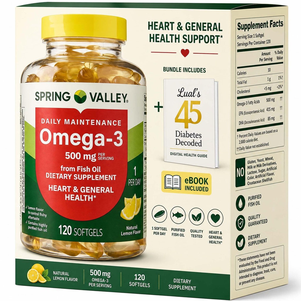 Spring Valley Omega-3 dari Fish Oil 500 mg 120 Count, SoftGels, General & Heart Health Dieter Bundle dengan 45 Diabetes Didecoded