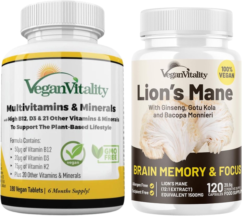 Vegan Vitalitas Lion Mane x General Health Combo Bundle - 6 Bulan Mane Lion dan Multivitamin