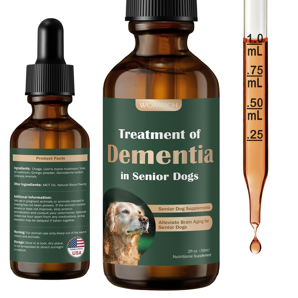 Suplemen Anjing Senior untuk Dukungan Sistem Kesehatan & Gugup, Suplemen Mashroom untuk Anjing, Tambahan Dementia untuk Calming & Relaxation, Address Getting Lost, Social Withdrawal - 59 ML