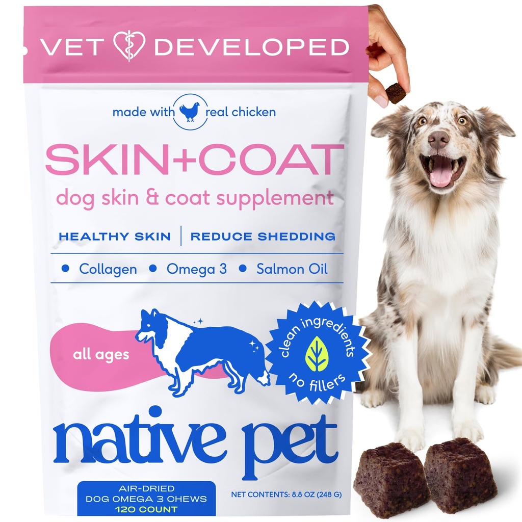Pet Omega Skin dan Coat Chews for Dogs - Dog Skin and Coat Suplement for Healthy, Shiny Fur, Reduce Shedding and Dry Spots - Made with Omega 3 Fish Oil and Wildmon Salmon Oil - 120 Chews
