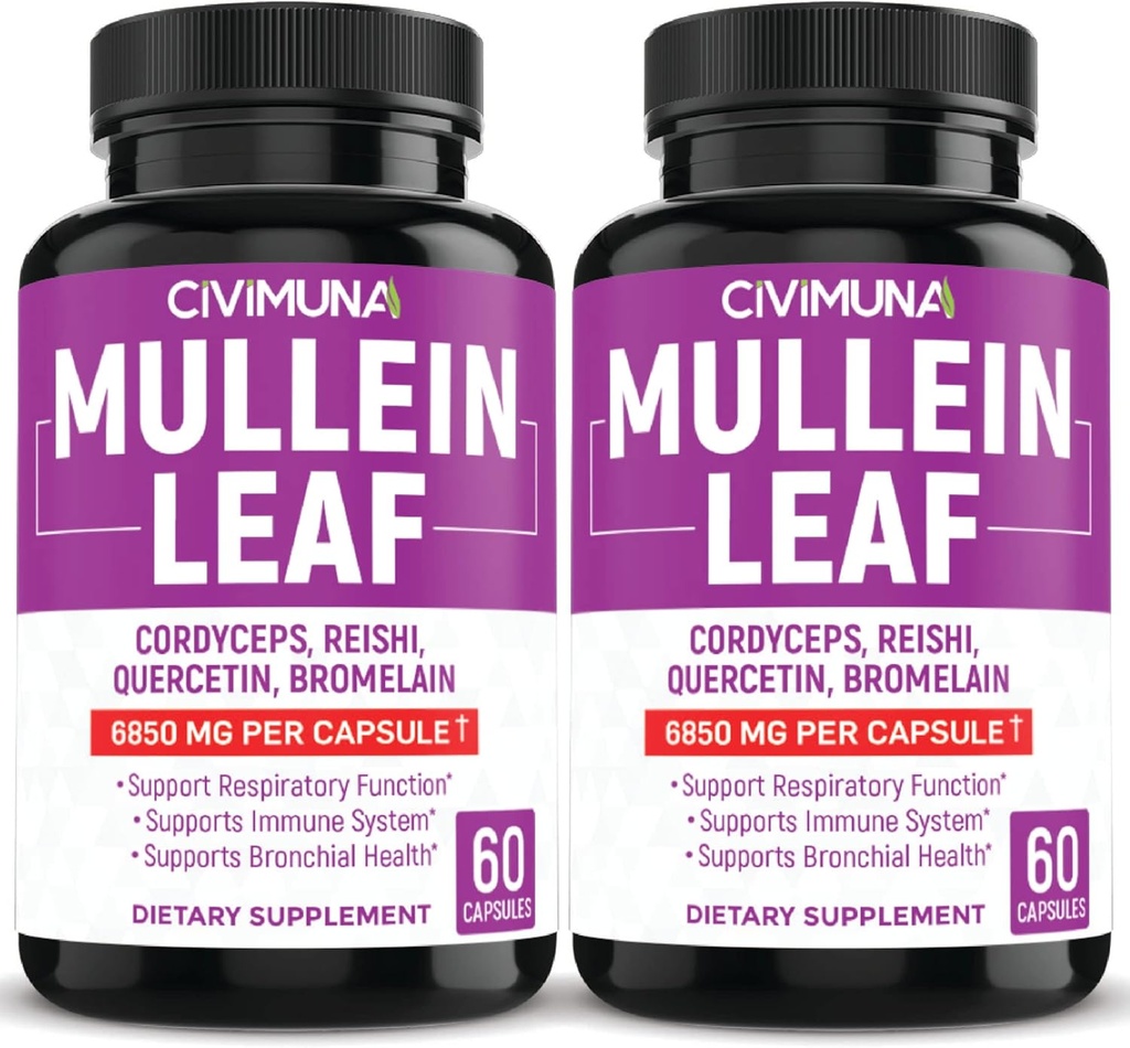 (2 Packs) Mullein Leaf Capsules 6850mg - Mullein Leaf, Cordyceps, Reishi - 4 Bulan Supply