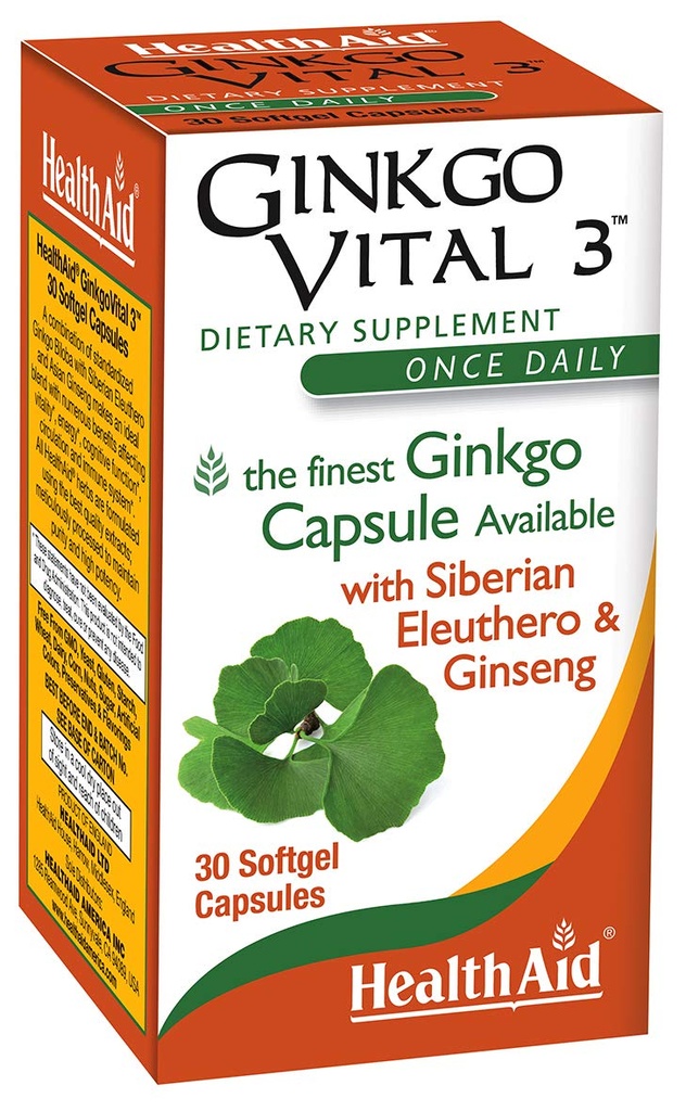 Healthaid Ginkgo Vital 3 - Satu-Harian Softgel dengan Ginkgo Biloba, Siberia Eleuthero & Korea Ginseng 126; Pendukung Mental Clarity & Circulation 124; 30 Softgeels