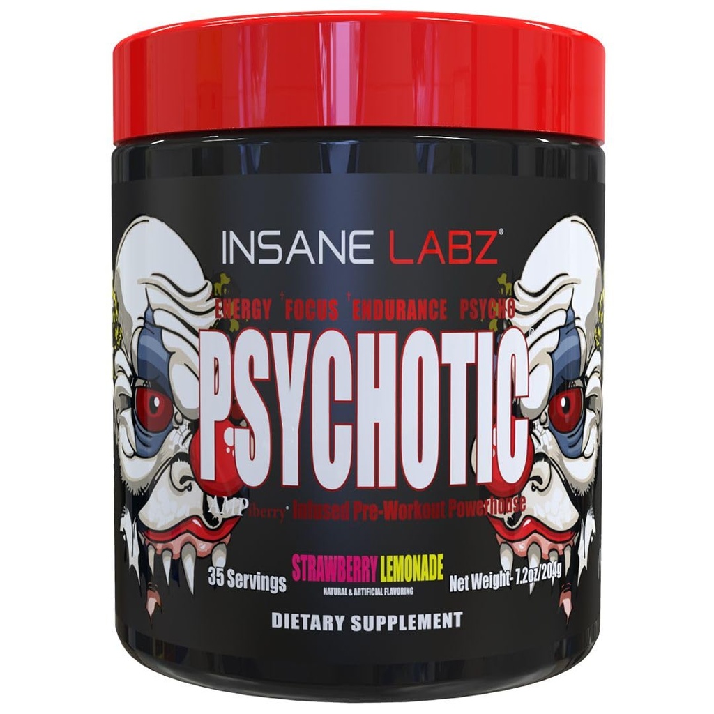 Insane Labz Psychotic, High Stimulant Pre Workout Powder, Extreme Lasting Energy, Focus and Endurance with Beta Alanine, Cretine Monohydrate, DMAE, 35 Srvgs (Strawberry Lemonade)