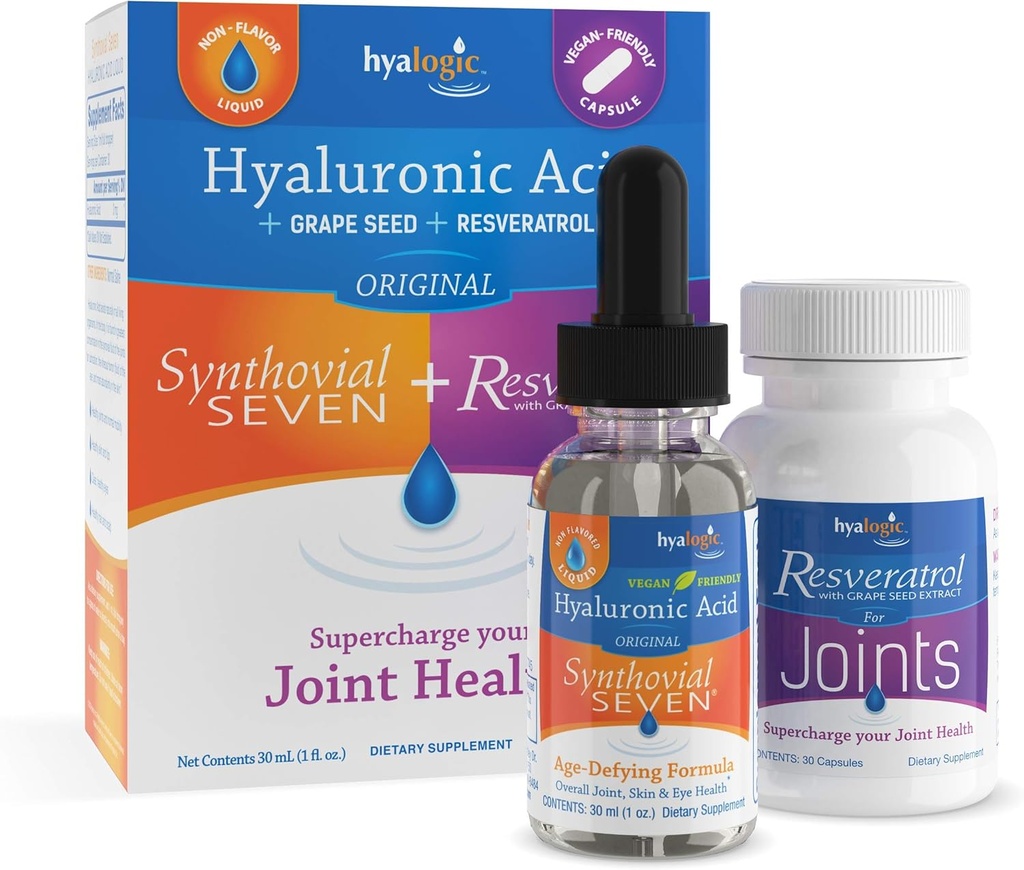Hyalogic Synthovial Seven Hyaluronic Acid Liquid & Resveratrol Capsules - HA Dukung - Vegan - 1 oz