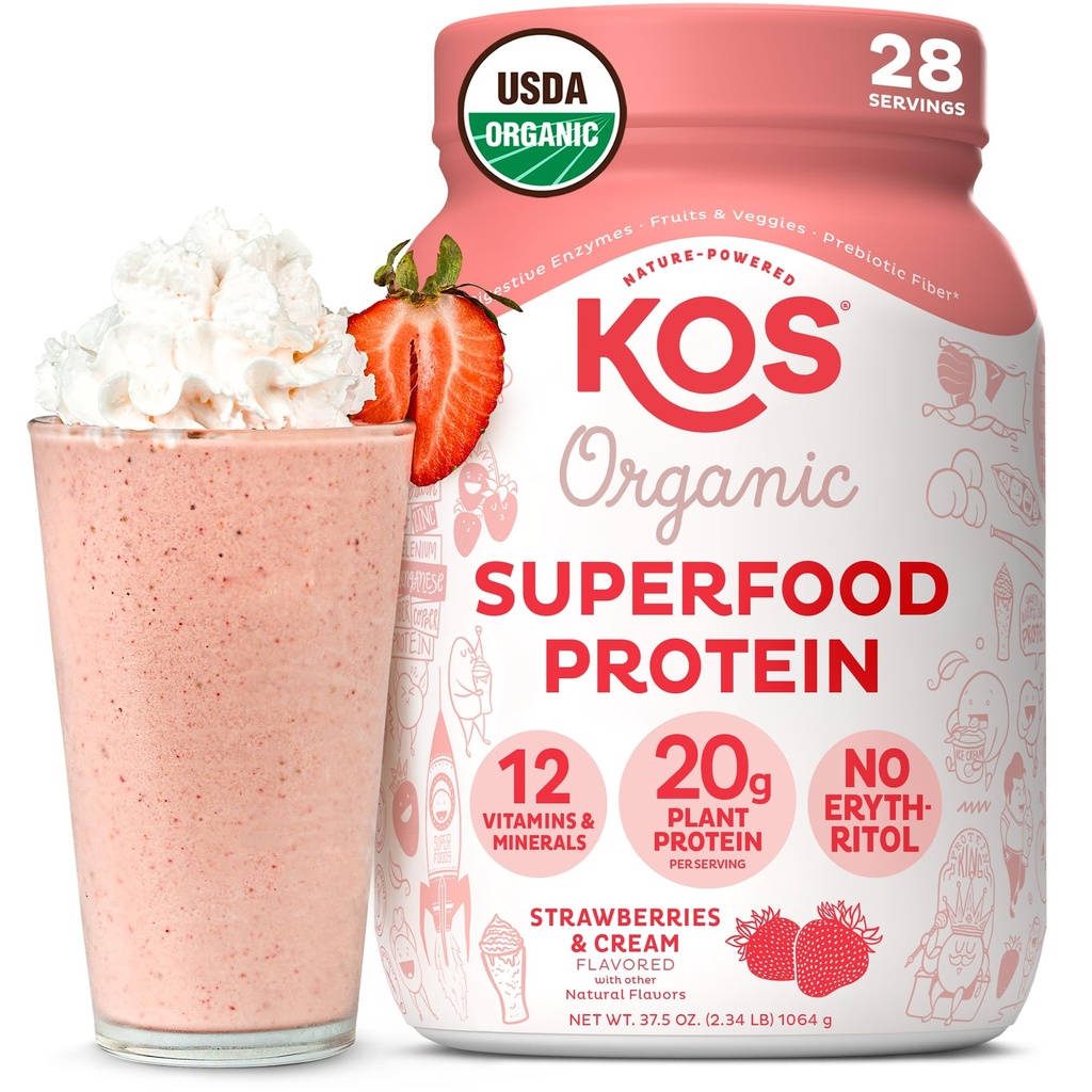 KOS Vegan Protein Powder, Strawberry & Cream USDA Organik - Low Carb Pea Protein Blast, Plant Based Superfood dengan Vitamin & Minamins, Gluten Free - Meal Replacement for Women & Men
