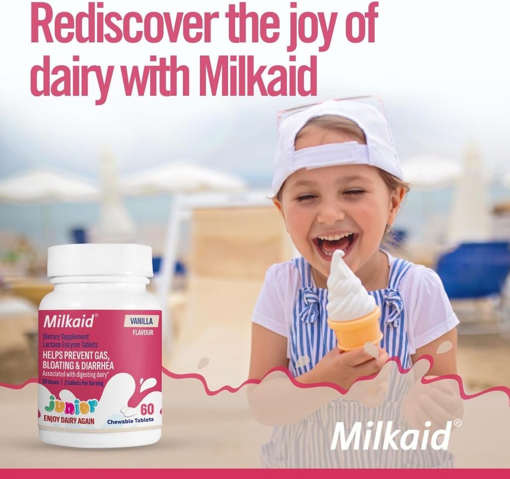 Milkaid Junior Flavor Pack = 124; Membantu Prevents Gas, Bloating, Diare in Children 124; Akting Cepat Digevices Supplemen Anak-anak 124; 180 Tablet