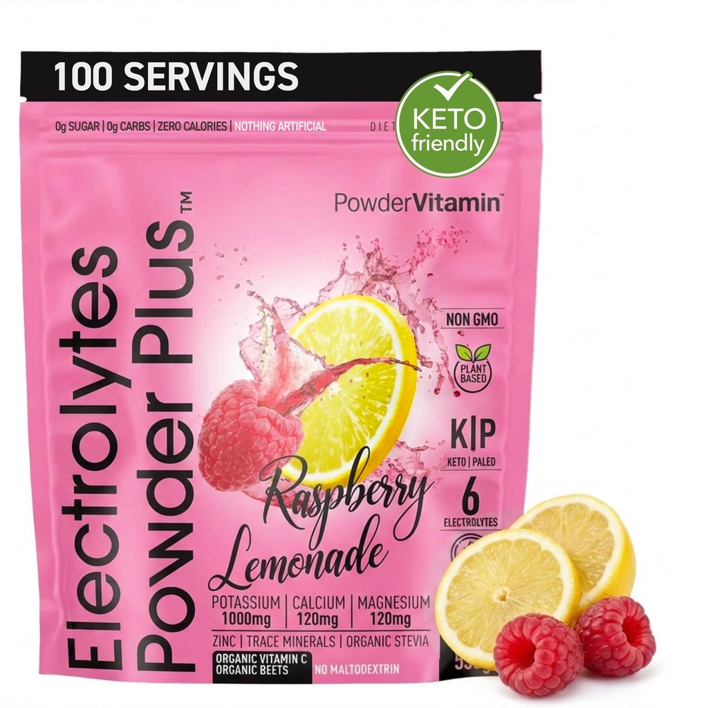 PowderVitamin Elektrodextrin Plus (100 pelayan) Raspberry Lemonade Electrolite Powder, Zero Calorie, Keto, Zero Sugar, No Maltodextrin, 1000mg Potasium, 120mg Calcium, 120mg Magnesium, Hydration