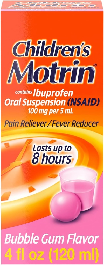 Motrin Oral Suspension Medicine anak-anak, 100 mg Ibuprofen, Reducer Fever dan Pain Reliever untuk Minor Acs & Flu, Alcohol- Free, Bubble Gum Flavored, 4 fs. oz