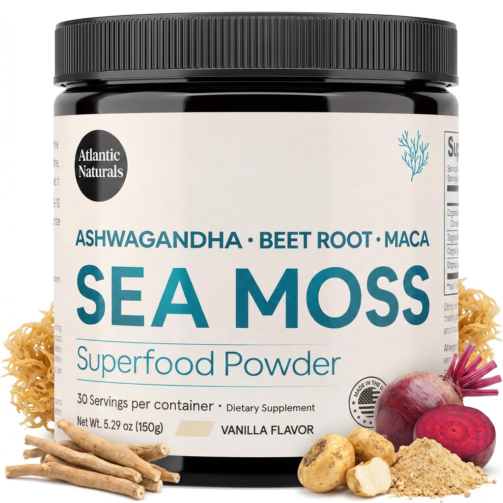 Atlantic Moss Superfood Powder with Ashwagandha, Beet Root, and Maca Root - Sea Moss Powder Suilely Skin, Atletic Performance, and Positive Mood - Vanilla Flavor (150g)