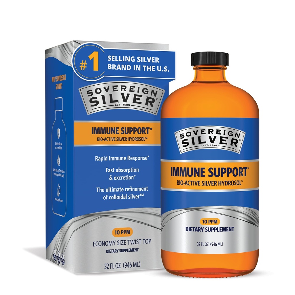 Sovereign Silver Ammune Support - Colloidal Silver Silver Silver, Bio- Active Silver Hydrosol, 10 plum, Liquid Twist Top, 32 Fl Oz, (946 mL)