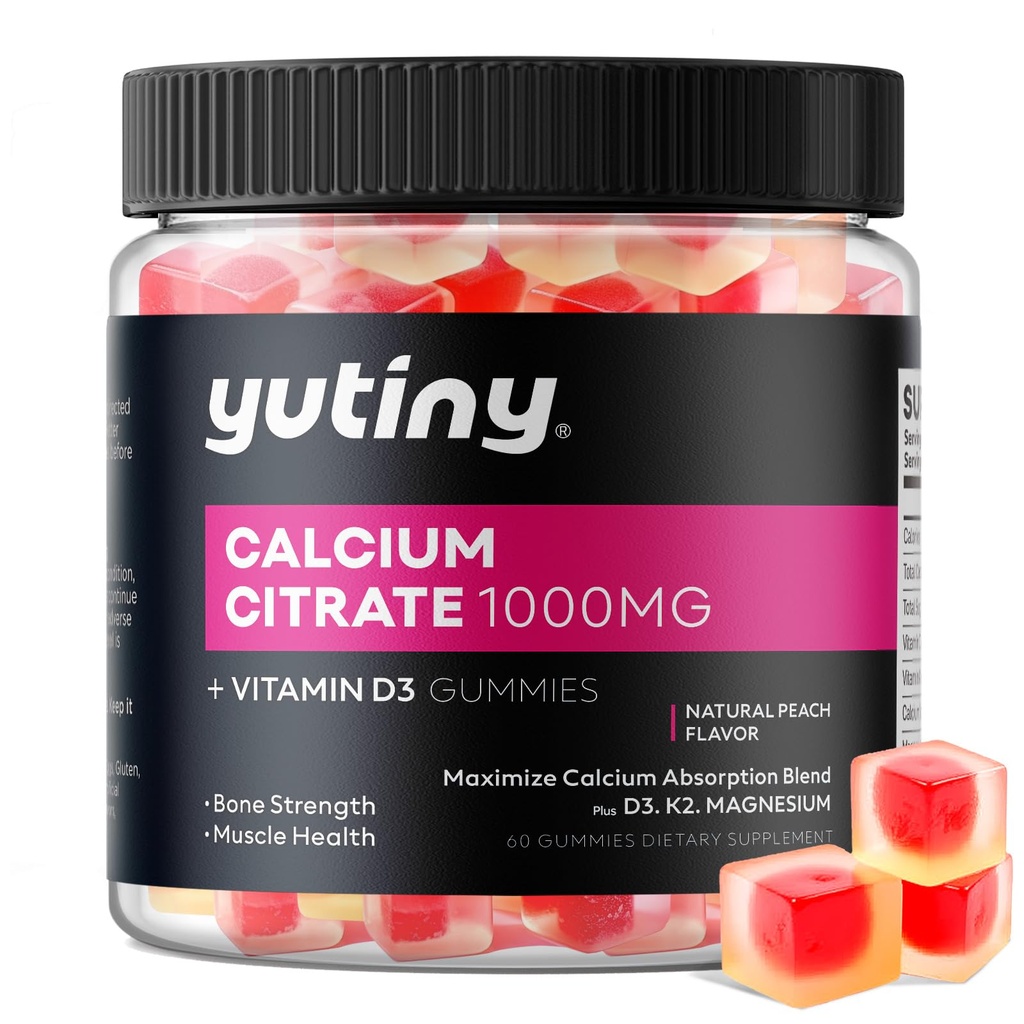 Kalsium Citrate Filled Gummies, Ekstra Absorpsi Kalsium Citrate 10000mg dengan Vitamin D3, K2 & Magnesium, Suplemen Chewable untuk Bone, Muscle Health, 60 Count
