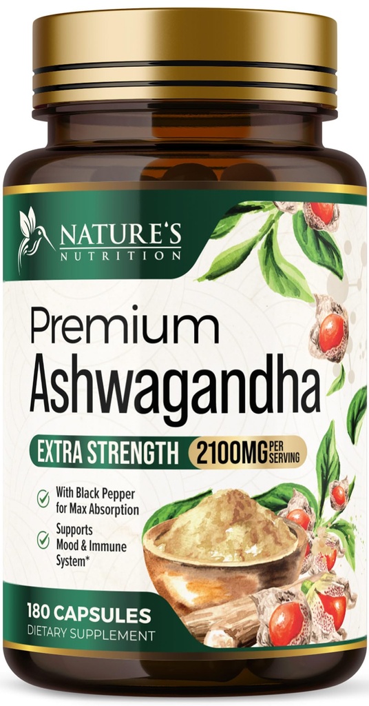 Suplemen Ashwagandha - 2100mg Ashwagandha Capsule untuk Perempuan & Pria, Dukungan Antioksidant Alam, Ekstra Root Ekstra Ekstra Dukungan Tenang dengan Pepper Hitam, Vegan & Gluten Bebas - 180 Capsules