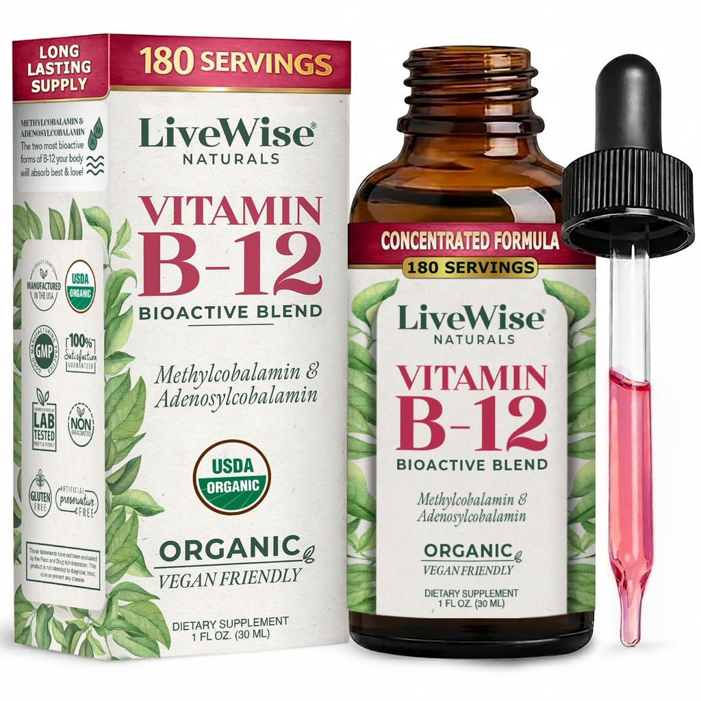 Livewise Izals B12 Vitamin Drops Non- GMO, Organic Bioactive Blend for Energy, Clarity, Focus, and Easy Absorpsi, Adenosylcobalamin & Methycobalamin Suplemen, Vegan, Gluten- Free, Dairy- Free