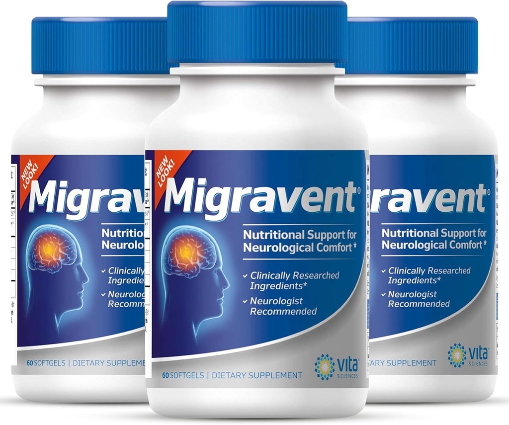 Vita Sciences Migravent - Advanced Nutrination Formula dengan Magnesium, CoQ10, Vitamin B2, dan PA- Free Butterbur untuk Neurologis dan Vascular Dukungan - 60 Capsules (Paket 3)
