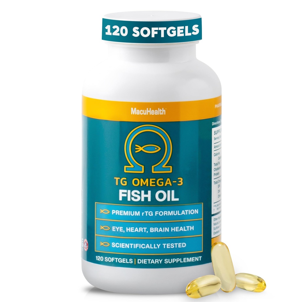 Macuealth Omega 3 Fish Oil - 11100mg DHA, 11100mg EPA, Mata & Brain Health Suplemen, Triglyceride Formula, 120 Softgels
