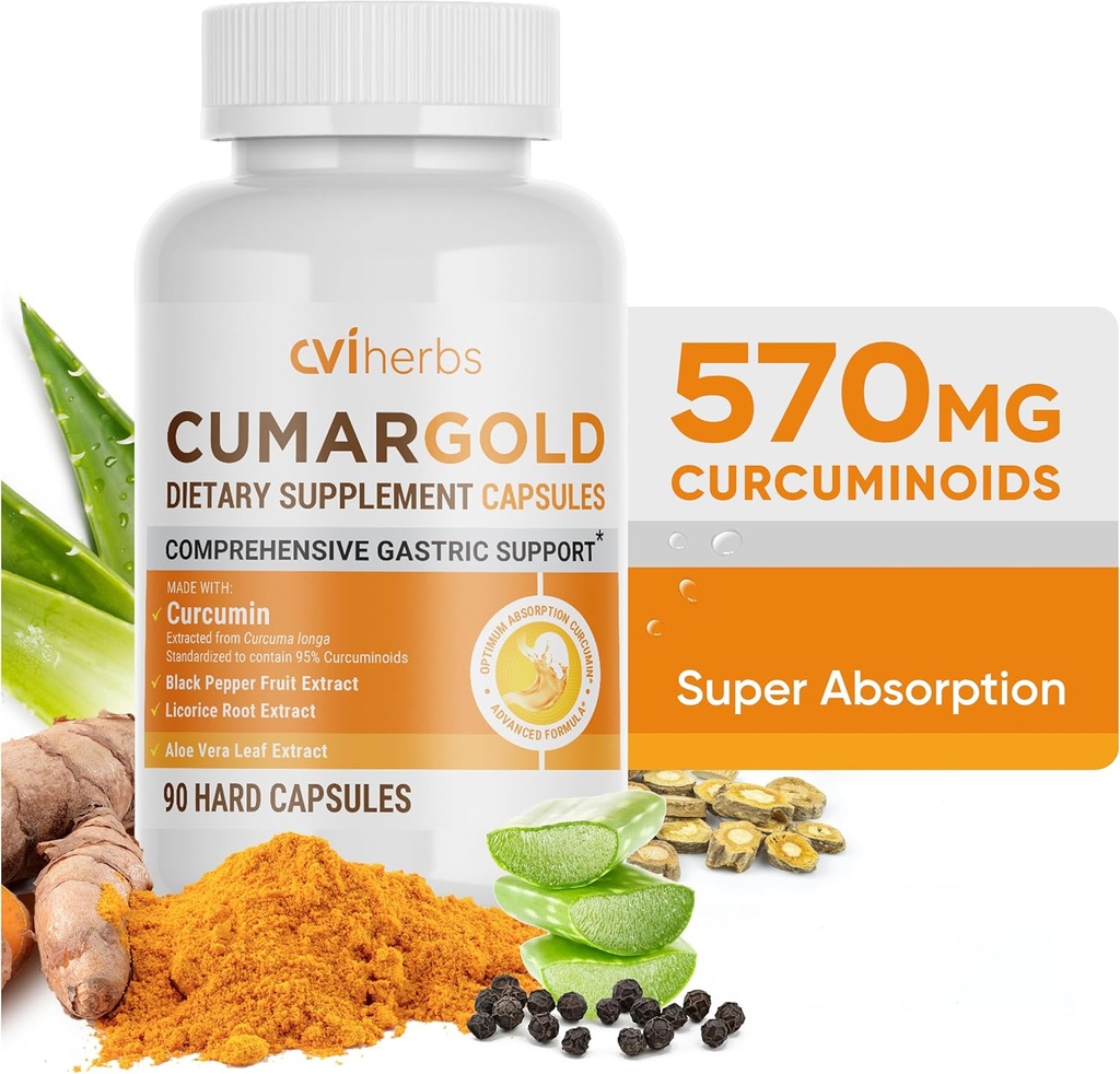 Cumargold 570mg Curcuminoid Turmeric Curcumin Suplement with Piperine, Licorice Root & Aloe Vera - Tinggi Potency Natural Wellness Capsules (90 Count)