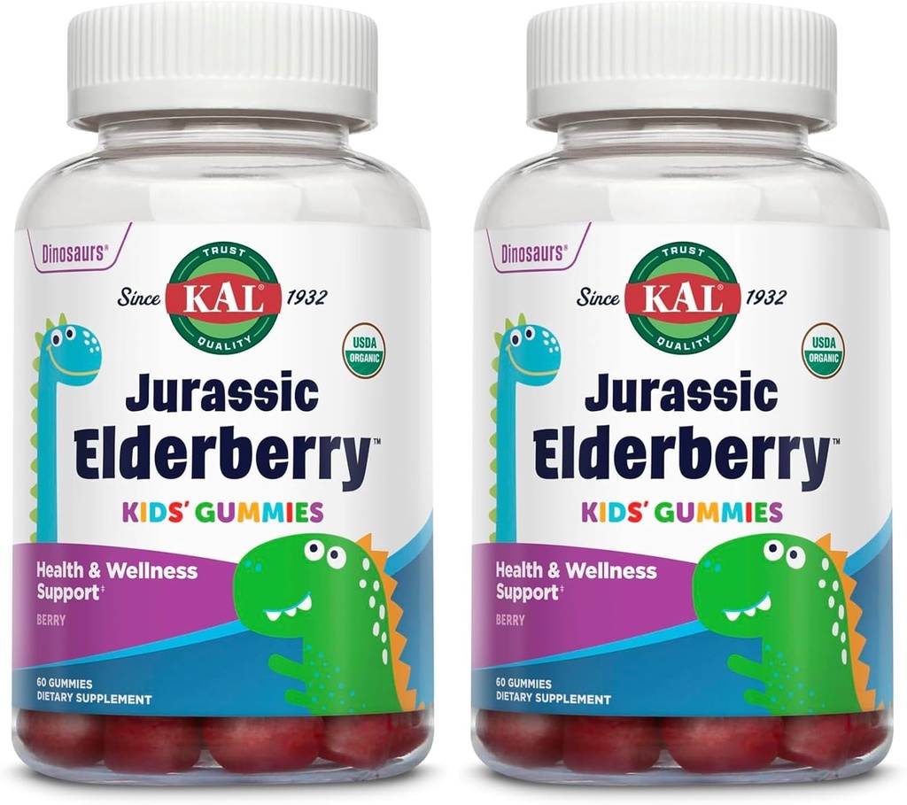 KAL Jurassic Elderberry Children Gummies 124; Healthy Ammune Dukung 124; USDA Organik, Vegan, Gluten Free 124; 30 Serv, 60 Ct (Paket 2)