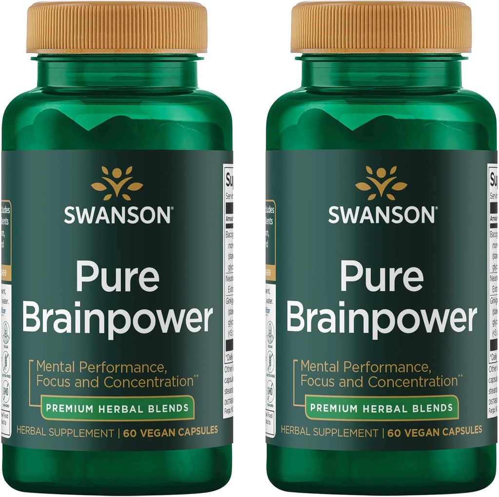 Swanson Pure Brainpower Health Health Cognitive Memory Focus Dukung Brain- Derived Neurophic Factor (BDNF) Herbal Suplemen (Ginkgo Biloba, Bacopa Monnieri) 60 Veggie Capsules (Veg Capsules) (2 Paket)