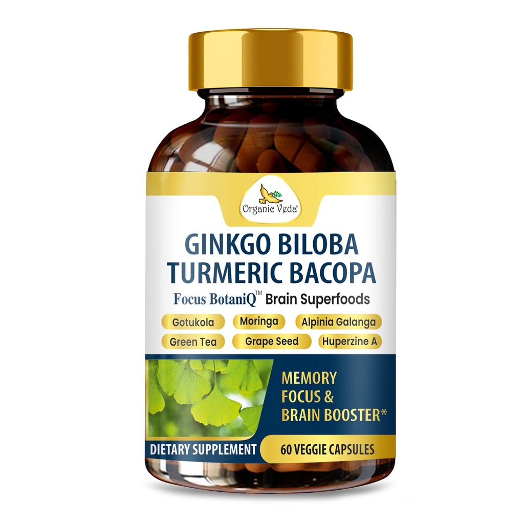 Veda Ginkgo Biloba Turmeric Bacopa Suplement for Memory, Mood & Focus with Ashwagandha - concentration, Energy & Brain Booster, Heally Joints & Circulation Support - 60 Vegan Capsule