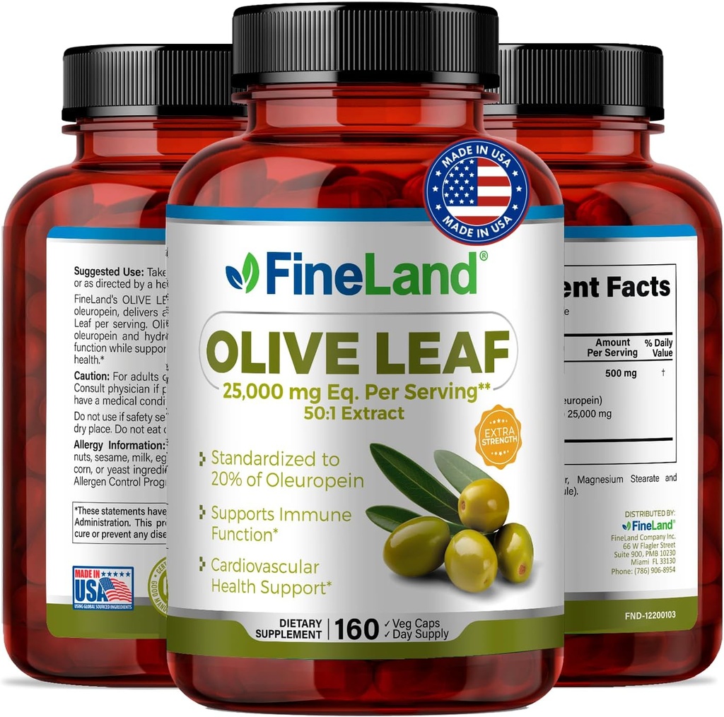 FineLand Olive Leaf Extract 50x - 25,000mg Eq. per Serving 124; 160 Vegan Caps, Olive Extract dengan 20% Oleuropein Aver4; Herbal Antioksidant Suplemen untuk Pengatur Sirkulasi dan Imune, Dibuat di Amerika Serikat