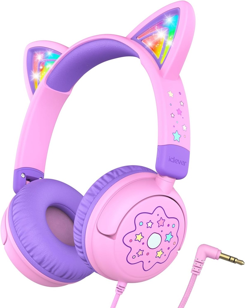 Headphone Anak Pintar Cat Ear, LED Light Up, 85dBA Safe Volume, Headphone Stereo Toddler untuk Travel School, Headphone anak-anak dapat dilihat 3.5mm untuk iPad Tablet, Meow Lollipop -Pink