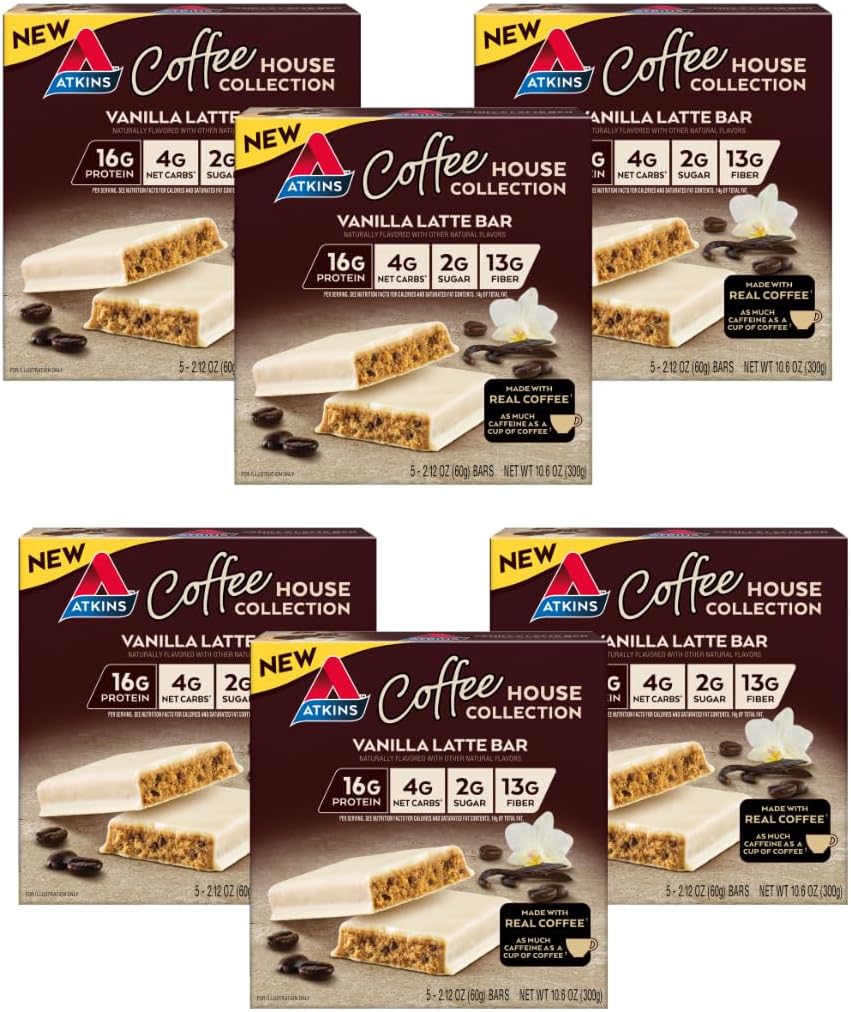 Atkins Coffee House Meal Bar, Vanilla Latte, 16g Protein, 4g Net Carbs, 2g Sugar, 13g Fiber, Dibuat dengan Real Coffee, 5 Count (Paket 6)