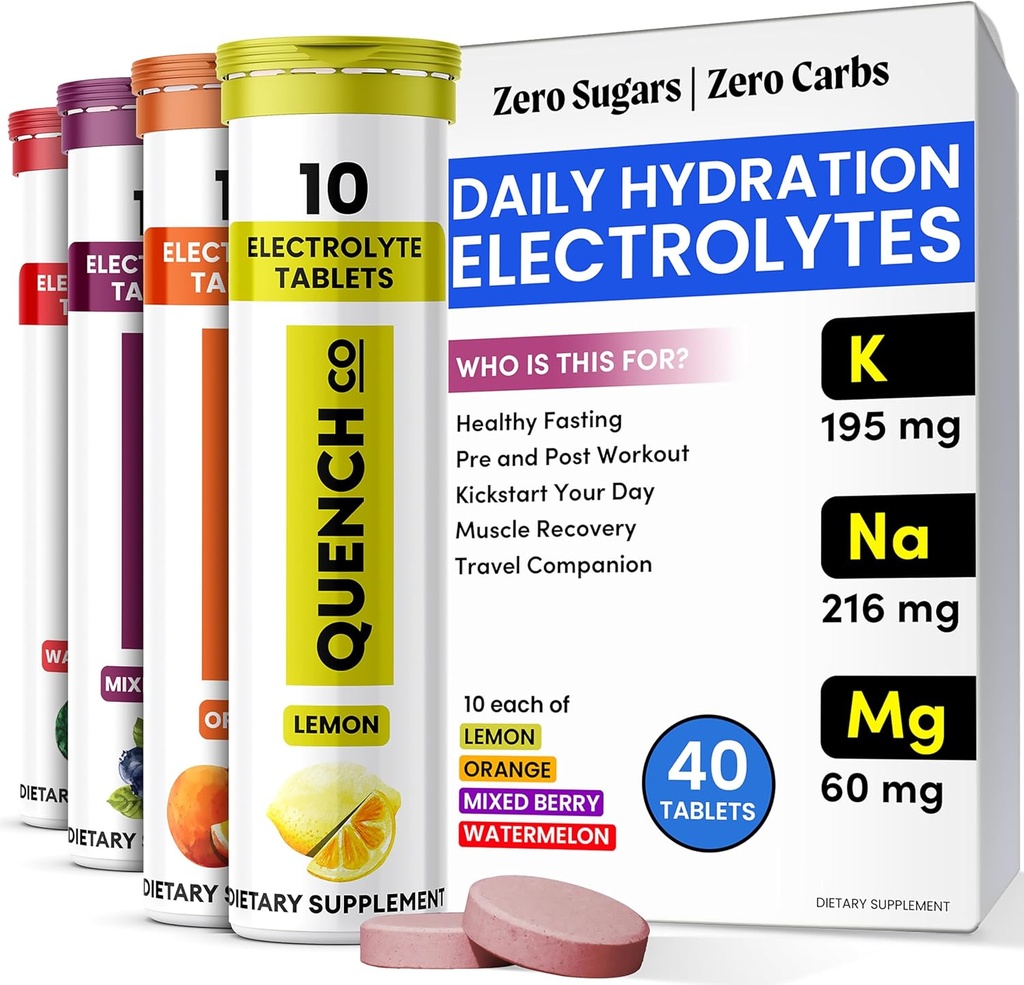 Quench Electrolite Tablet 40 Count Instant Hydration, Electrolytes, FASting Electrolite No Sugar for Optimal Hydration Dupder - Watermelon, Orange, Mixed Berry, Lemon Flavors