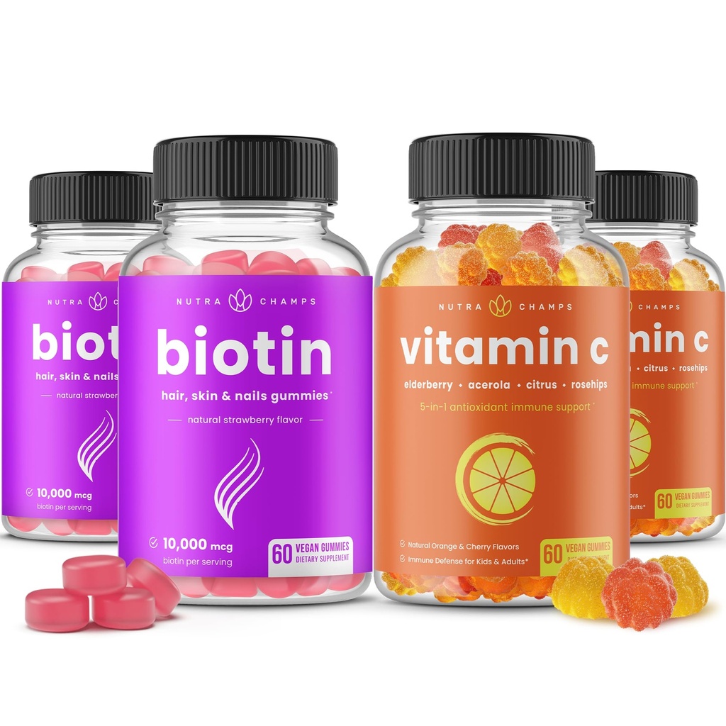 NutraChamps Biotin Gummies (2 Pack) dan Vitamin C Gummies (2 Paket) 4 Bungle
