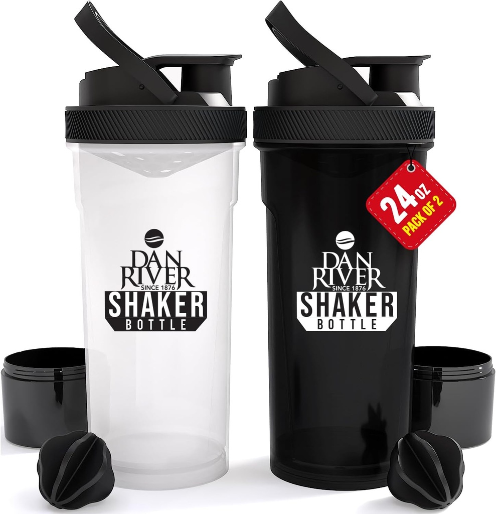 DAN RIVER 2- Kemas Shaker Bottle 124; 24z Plastik Protein Shaker & Mixer 124; Twist & Lock Design for Smoothies & Protein Mixes 126; Durable, Leaks-Provices, Easy to Clean 124; Clean & Black Shaker Bottles for Gym