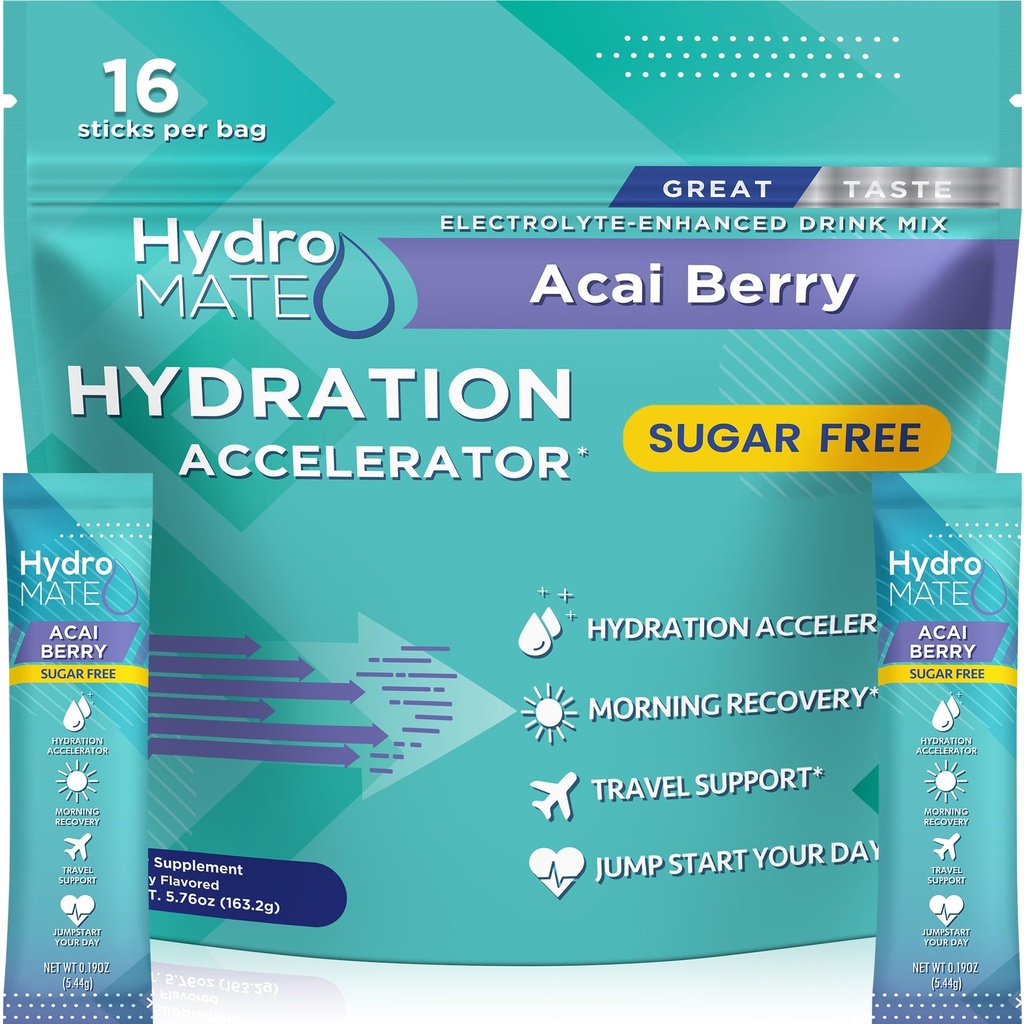 Electrolyte Powder Sugar- Free Hydration Packet Acai Berry HydroMATE 16 Sticks