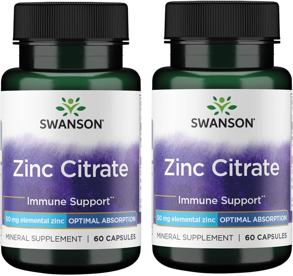 Swanson Zinc Citrate - Mineral Supplemen Primoting Healthy Vision & Imune System Health - Natural Formula Supporting Overall Wellness - (60 Capsules, 50mg Everyone) (2 Pack)